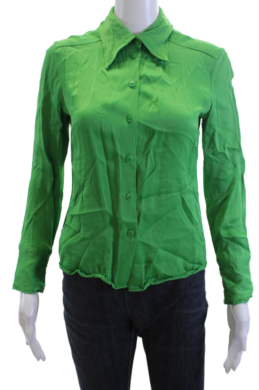 Zara Womens Basic Collared Button-Up Blouse Green… - image 1
