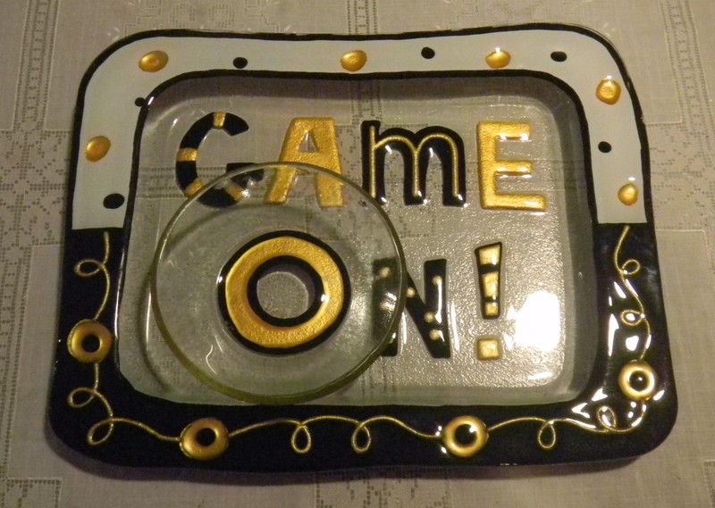 "GAME ON!" Hand Blown Glass Chip and Dip Set Lori Siebert Silvestri BLACK & GOLD