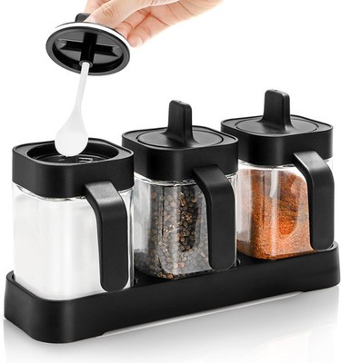 Set of 3 Condiment Jar with Tray, 13.5 OZ Spice Container with Lids and