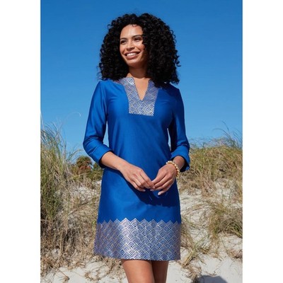 Cabana Life Womens Royal Blue Gold Foil Geometric Split Neck Shift Dress Size M
