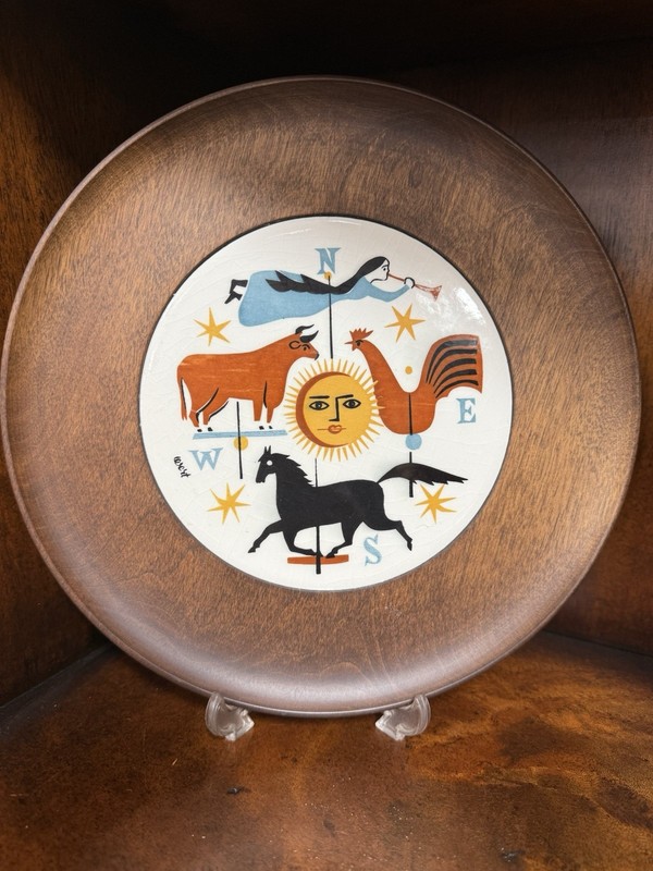 Vintage Vermont Woodware Hand-Turned Wooden Plate  Folk Art Compass Design 10”