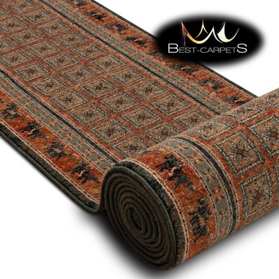 Trachten Teppich WOLLE Läufer 'KASHQAI' Orientalisch Grün Terrakotta Beste Qualität