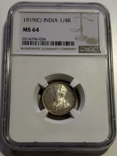British India 1919 C Silver 1/4 Rupee NGC MS-64