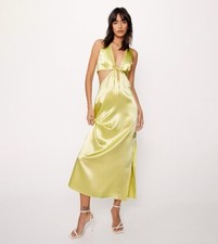 Nasty Gal Satin Halterneck Cut Out Maxi Dress Lime UK 14