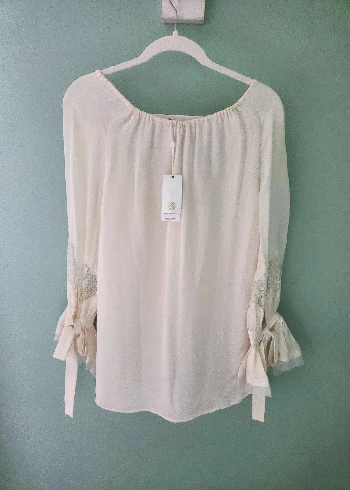 Camicia abito Tory Burch WILLOW CAMICETTA $398 NUOVO pizzo top avorio 100% seta bambola