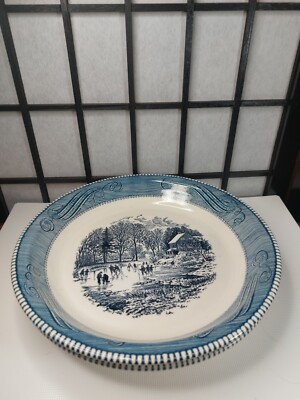 2-Royal China Jeanette Corp Currier & Ives Blue Pie Plate Ice Skating Pond 9.75''