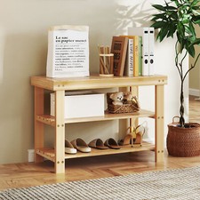 3-Tier Retro Bamboo Shoe Rack Bench Organizer Entryway Bench Seat Storage Shelf