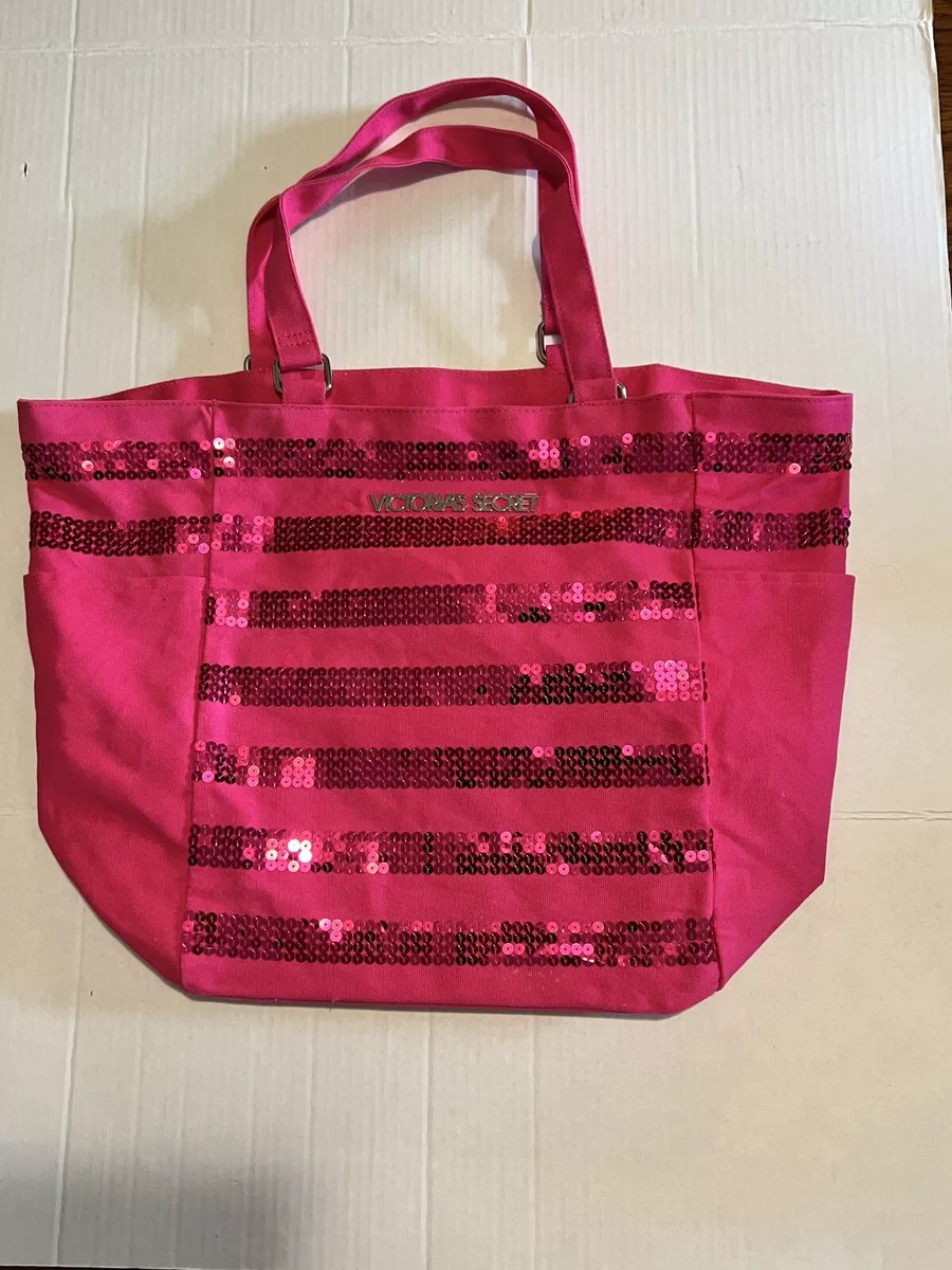 Victorias Secret LOGO Canvas Tote Bag HARD TO FIND Deep Pink & Cream