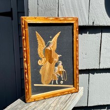 Wood Cut out Wood Angel w Star  Children Eastern European Framed Inlay