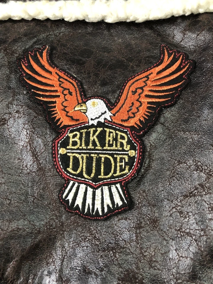 Dog Brown Vegan Leather Biker Patch Vest Jacket Sz M Fur Trim Hood Handsome Ve2 - Image 2 of 4