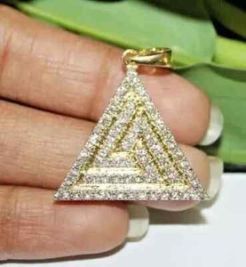 2 Ct Round Real Moissanite Men's Triangle Pendant 14k Yellow Gold Plated Silver
