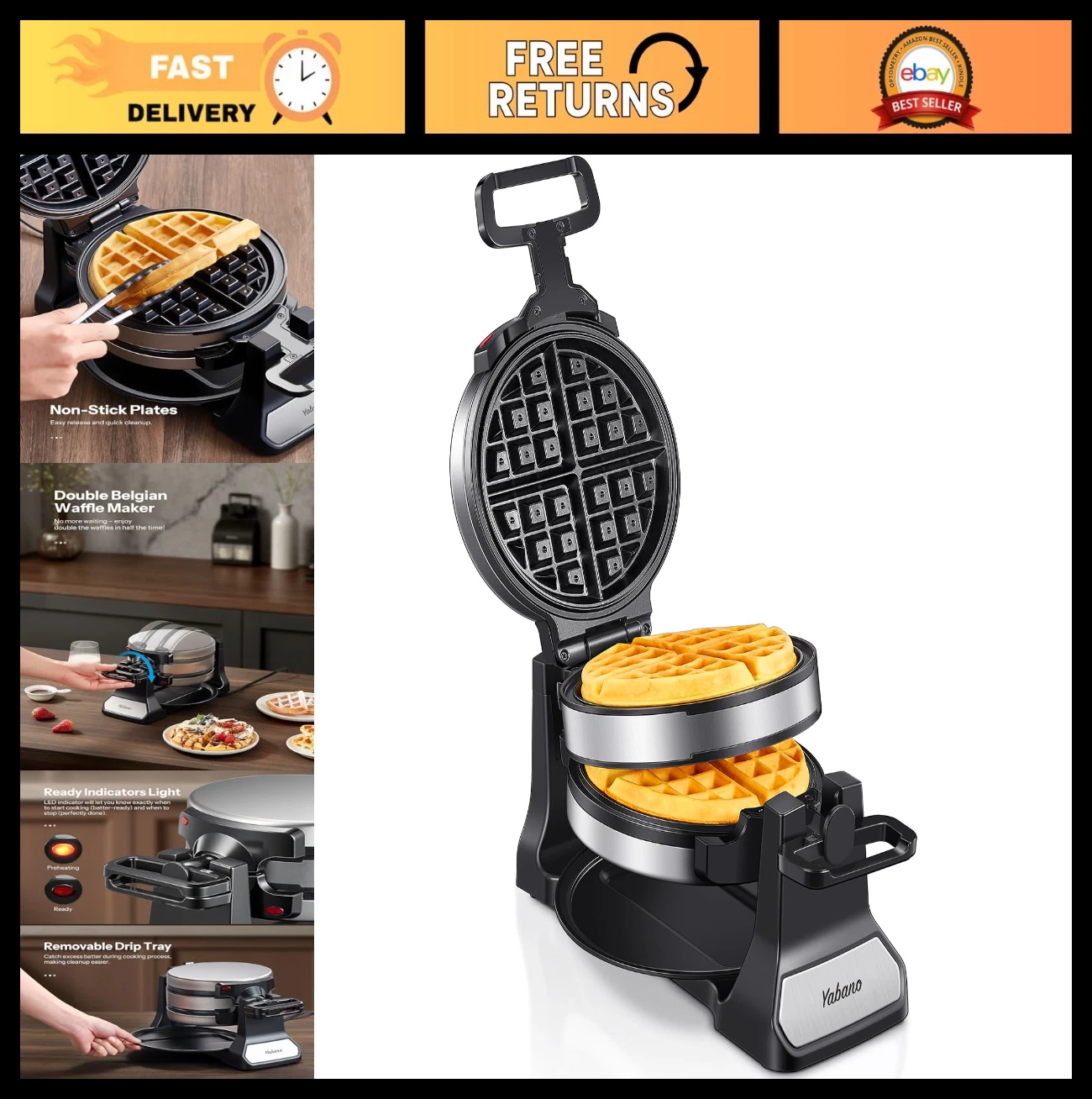 Classic Rotating Belgian Waffle Maker - Nonstick Plates, Removable Drip Tray, Co