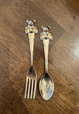 vintage silver plated bear with bow children feeding fork and spoon utensil set