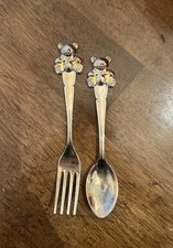 vintage silver plated bear with bow children feeding fork and spoon utensil set