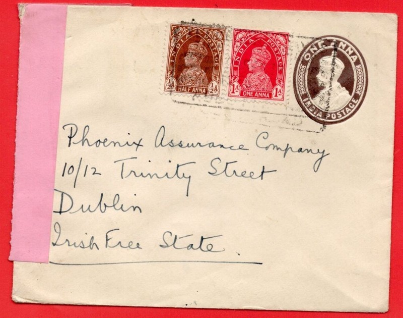 India Envelope Up-rated cover PINK Censor label to DUBLIN Ireland Free State