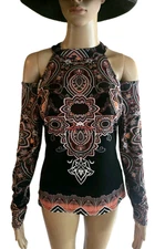 VENUS Small High Neck  Cold Shoulder Keyhole Top Black White Orange Long Sleeve