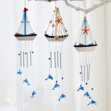 Image of Nautical Wooden Ship Windchime – Coastal Charm with Blue Accents