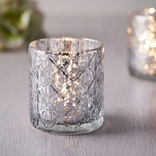 6 SILVER Mercury Glass Votive CANDLE HOLDERS Geometric Design Party Decorations