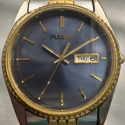 Seiko Pulsar Watch Men 35mm Blue Dial Two Tone Daydate Round V733