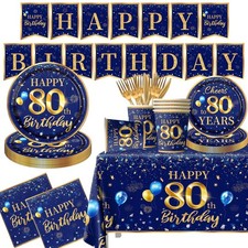 Juego de vajilla de cumpleaños 80 cumpleaños decoración hombre-142 piezas azul marino y dorado...
