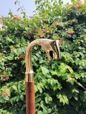 Wolf Head Cane Walking Stick   Wooden Shaft Victorian Style Brass Handle Gift
