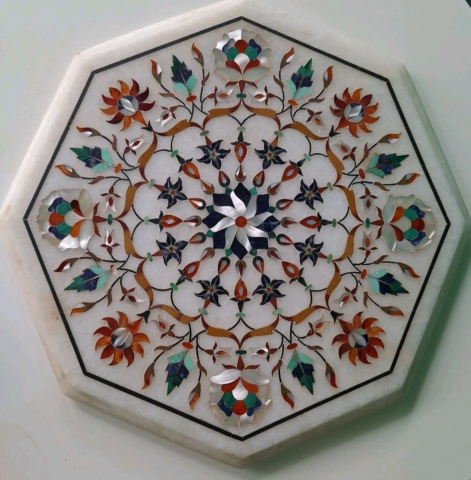 Mesa italiana Pietra Dura mármol blanco con incrustaciones de piedras semipreciosas 13x13 Foto 2 de 4