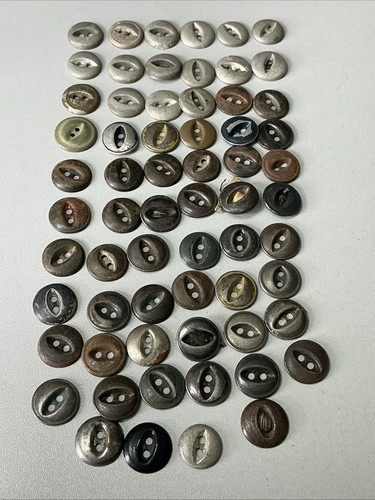 (64) Antique 1800’s 1-piece Stamped Metal Round Two Hole Flat Buttons B68 - Picture 2 of 10