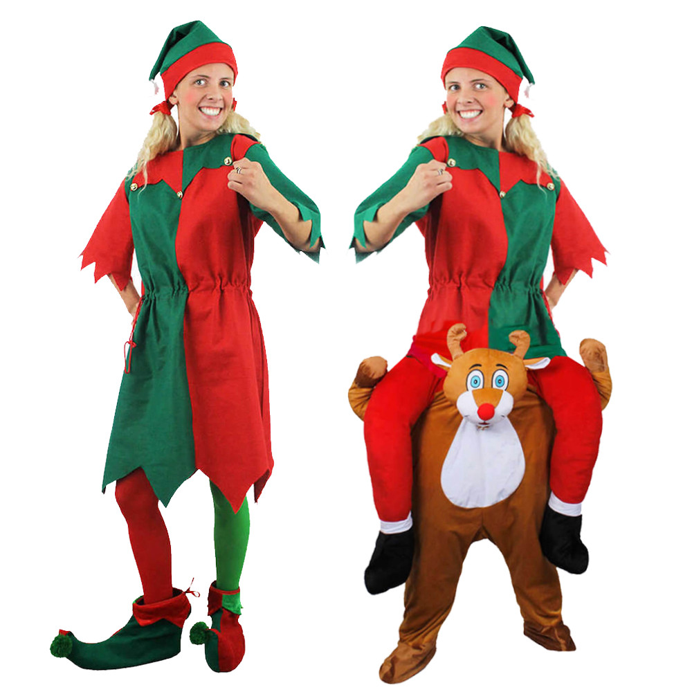 LOTE DE DISFRACES DE TÚNICA DE ELFO PARA MUJER Y RENO PICK ME UP DIVERTIDO DE NAVIDAD