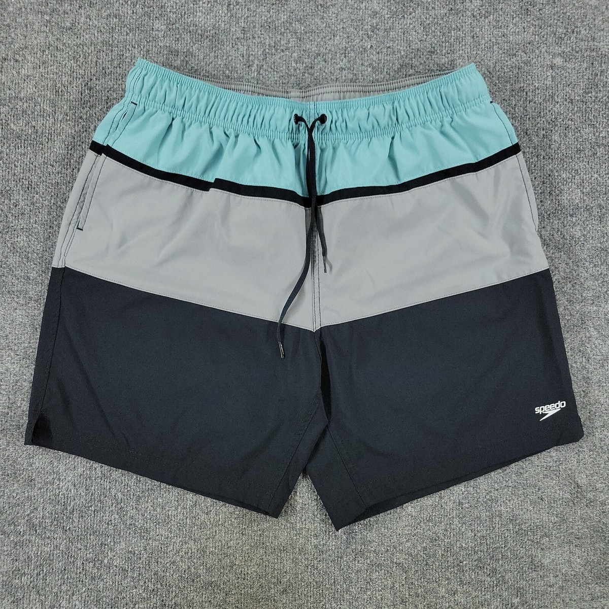 Speedo Shorts Men's XL Black Gray Striped Swim Trunks Drawstring