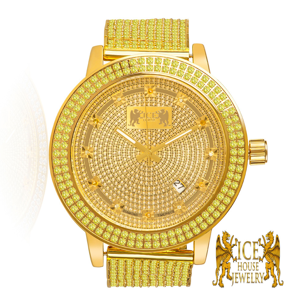 Montre ICE HOUSE Homme - Cadran Diamants, Finition Or Jaune, Boîtier Acier Et Mouvement Quartz - Modèle Luxe Neuf