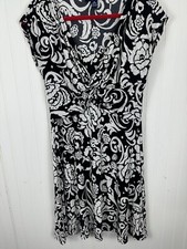 Chaps Women's Black/White Floral Print  Tie Cap Sleeve Slip On Poly Dress Sz Med