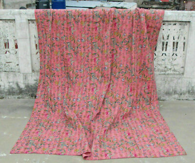 Indische Hand Block Kantha Twin Size Quilt Baumwolle Rosa Tagesdecke Decke Üb...
