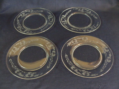 Vtg Gray Cut Glass Etched Floral, 4 Salad Bread Luncheon Snack Plates 7 3/4''