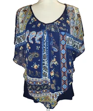 Naif Womens Large Blouse Blue Sleeveless, Shearling Overlay Floral Paisley Print
