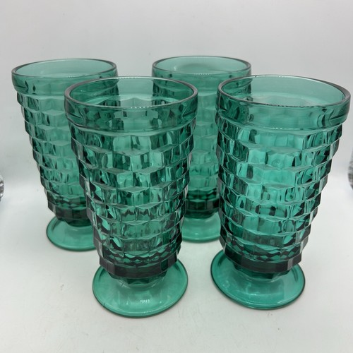 Vtg 4 Teal Indiana Whitehall Colony Cubist Footed Iced Tea Blue Green Glasses