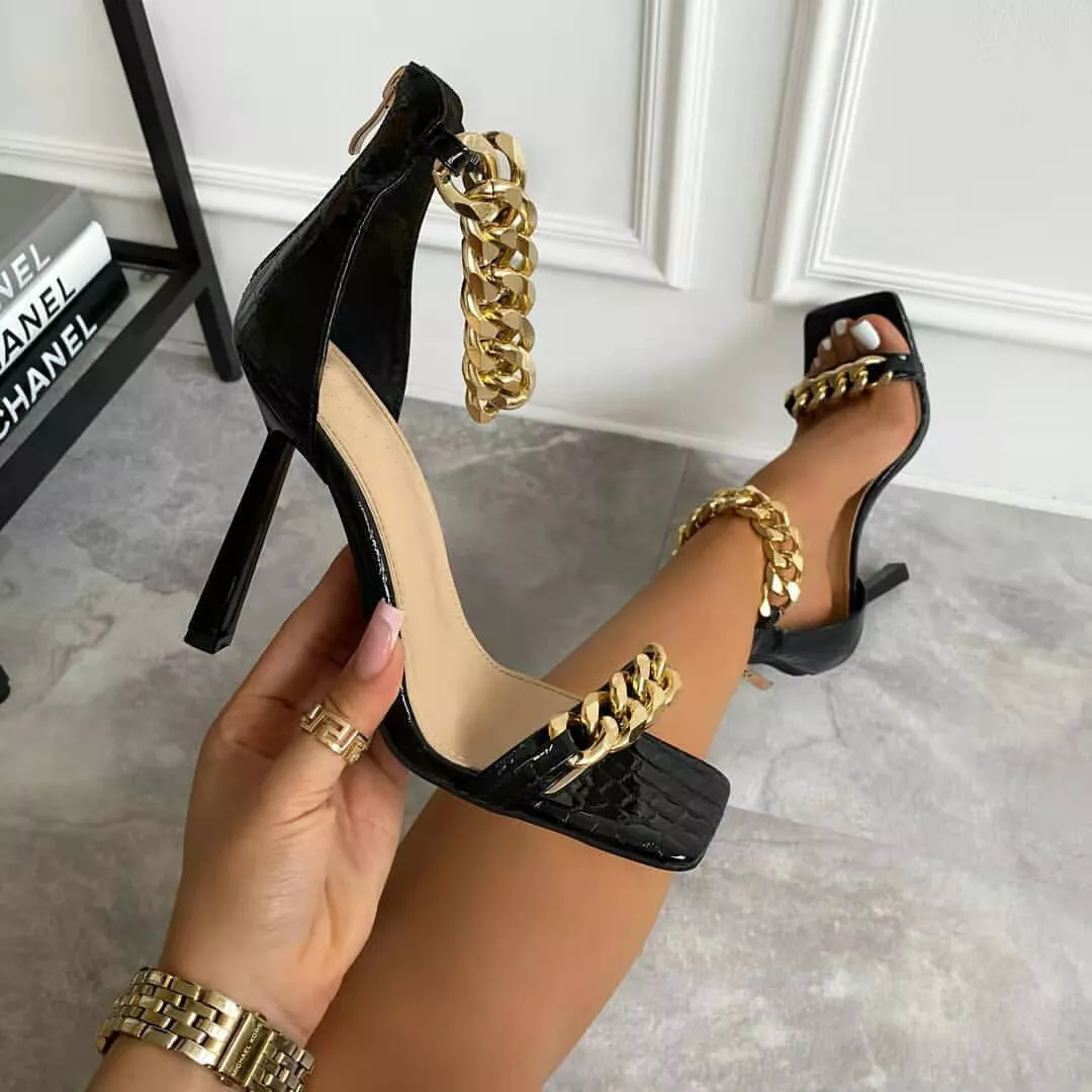 Gold Rhinestone Sandals Heels | Gold Rhinestone Strappy Chain Sandal - Sky