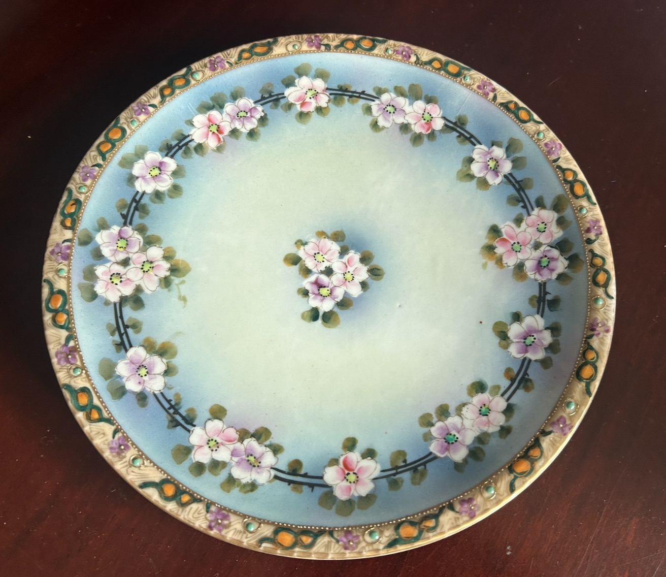 Vintage Floral Nippon Plate with Textured Raised Dots on Rim