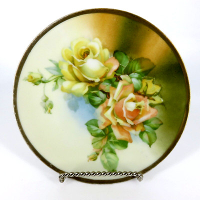 Antique CARLSBAD AUSTRIA PORCELAIN 6'' decorative PLATE Yellow Peach Roses