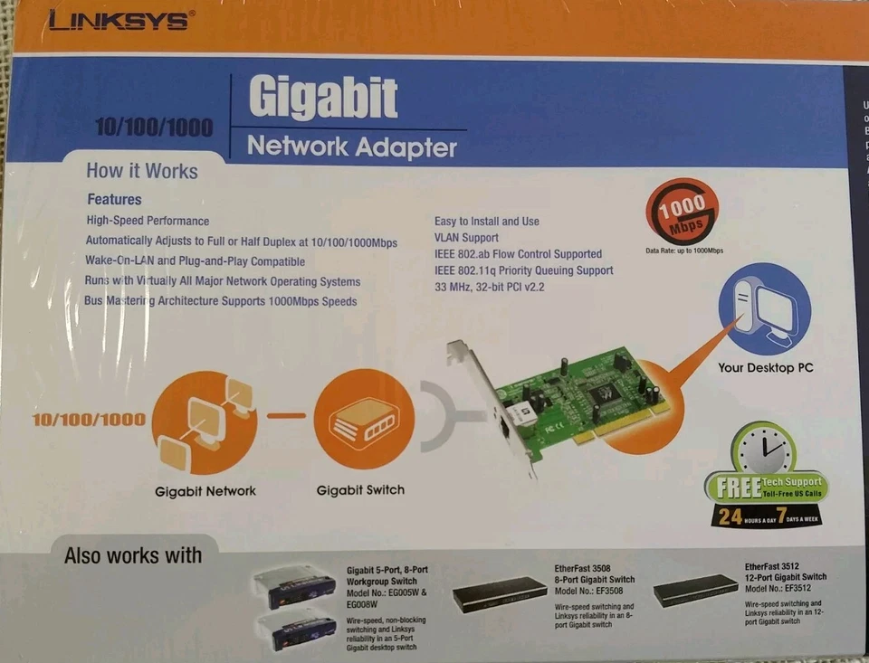 NEW BOXED Linksys EG1032 10/100/1000 Gigabit PCI Network Ethernet Adapter Card - Image 3 of 4