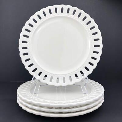 Portmeirion Studio VALERIE White Dinner Plates (4) Ribbon Embossed SUPERIOR COND