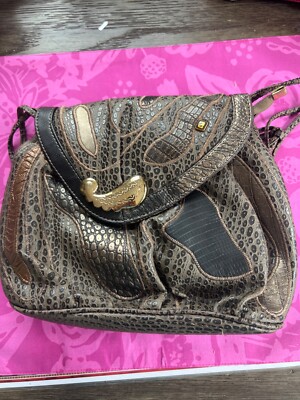 Vintage Nas Bag Purse Cross Body Or Handle Animal Print Black Brown Gold Large