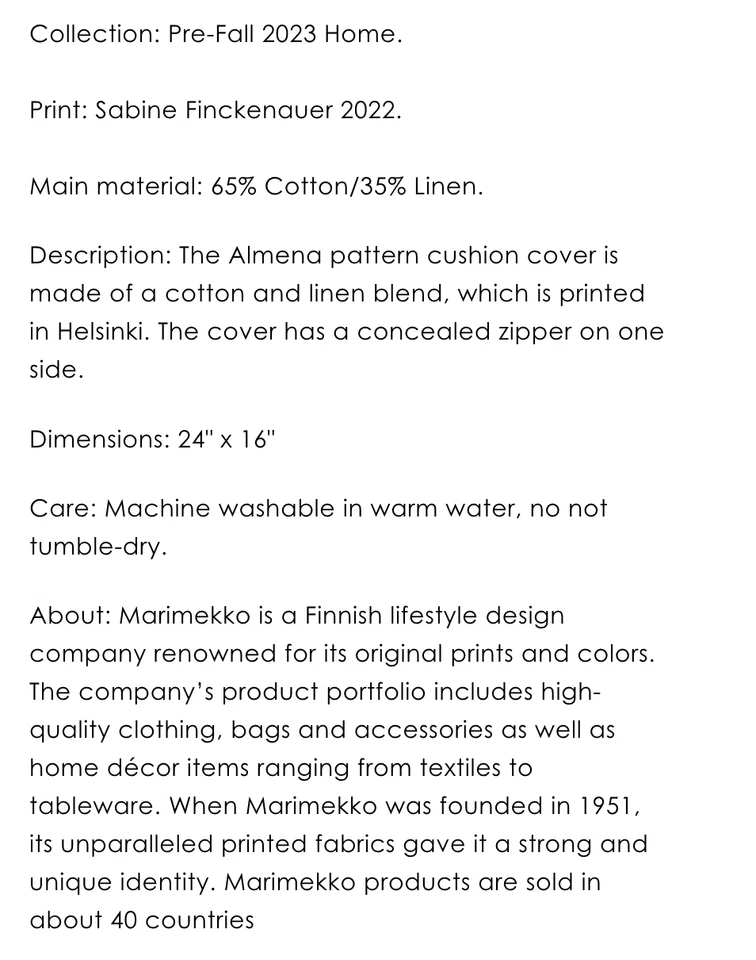 NWT  |  MARIMEKKO Almena Cotton/Linen Lumbar Throw Pillow Cover 24"x16" - Image 4 of 4