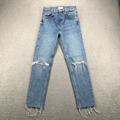 ZARA Jeans Womens Size US 02 Distressed Slim Straight Ankle Raw Hem High Rise