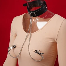 Bondage SM Neck Collar with Breast Clamps Torture Clip Iron Chain BDSM for Women