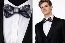 Men’s Tartan Bow Tie Navy Blue Silver Black Grey Check Dickie Formal Fancy UK