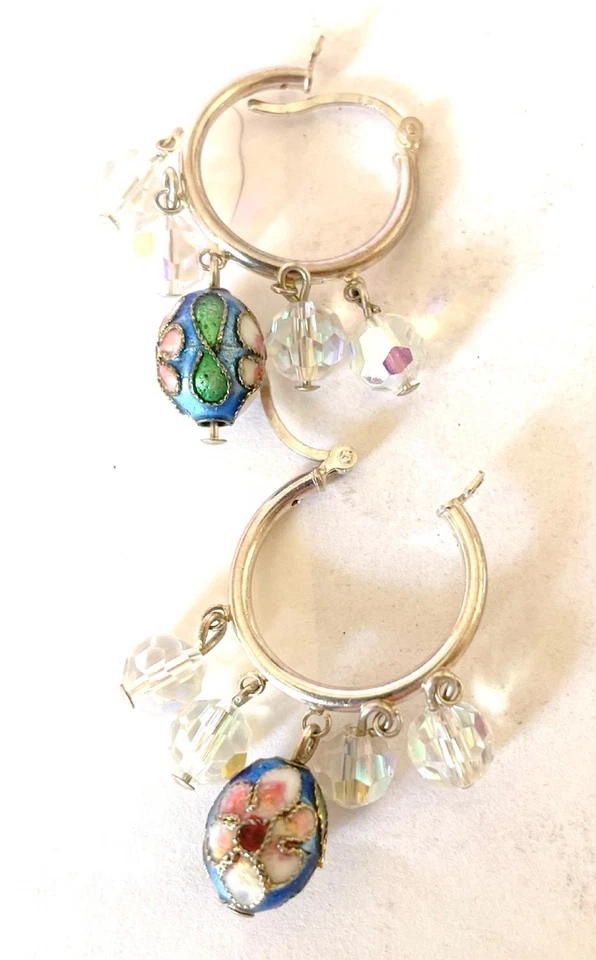 RAVISSANTES BOUCLES D'OREILLES HAUT DE GAMME OEUF EMAIL CLOISONE ET CRISTAUX - Photo 2/4