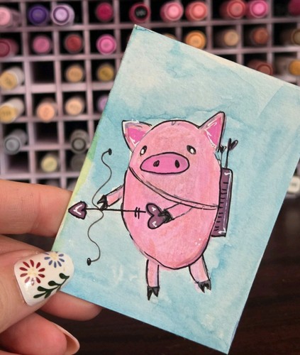 ACEO Original Kawaii Folk Painting Jessica Disparti Whimsical Pig love art 