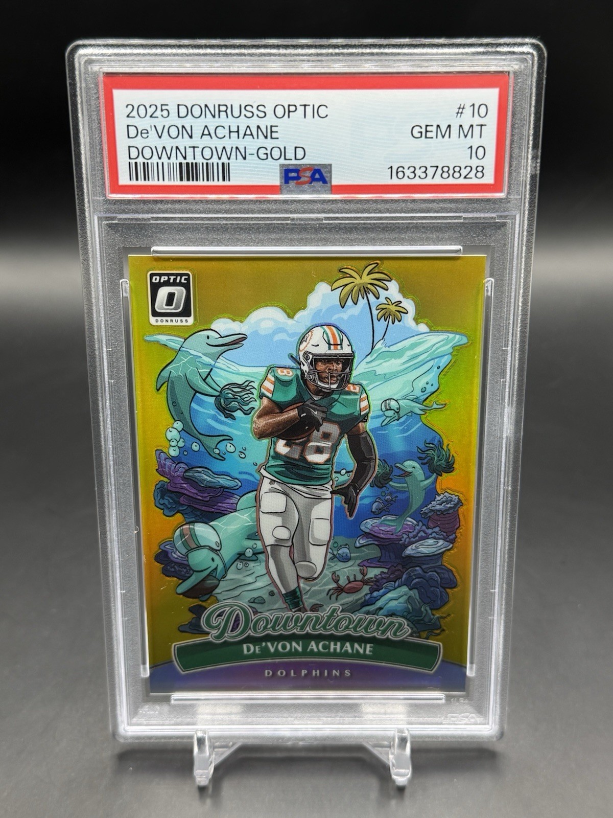 2025 Donruss Optic DOWNTOWN GOLD DE’VON ACHANE 2/10 PSA 10 DOLPHINS 🔥 view 1