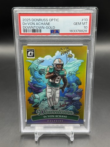 2025 Donruss Optic DOWNTOWN GOLD DE’VON ACHANE 2/10 PSA 10 DOLPHINS 🔥