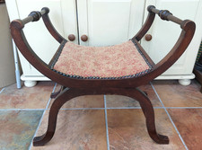 Vintage French X frame window seat,  boudoir stool, padded bowed footstool